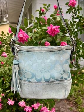 RARE Pastel Blue Coach Signature Canvas Tassel Mini Shoulder Bag